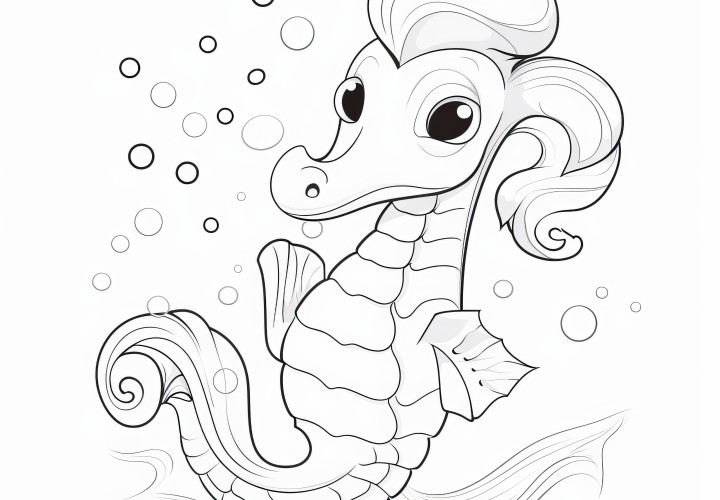 Jolie demoiselle hippocampe : Modèle de coloriage facile pour enfants (Gratuit)