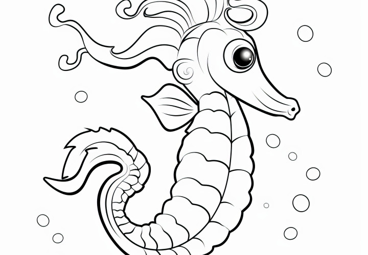 Adorable petit hippocampe en position dynamique : Coloriages simples (gratuits)