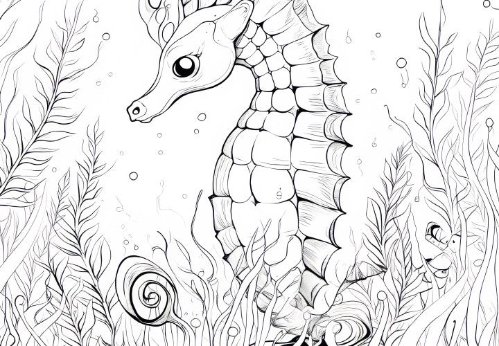 Hippocampes avec des plantes marines : coloriage gratuit à télécharger