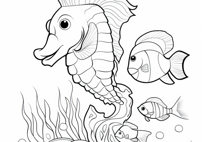 Hippocampes avec des amis poissons : Coloriage pour enfants (gratuit)