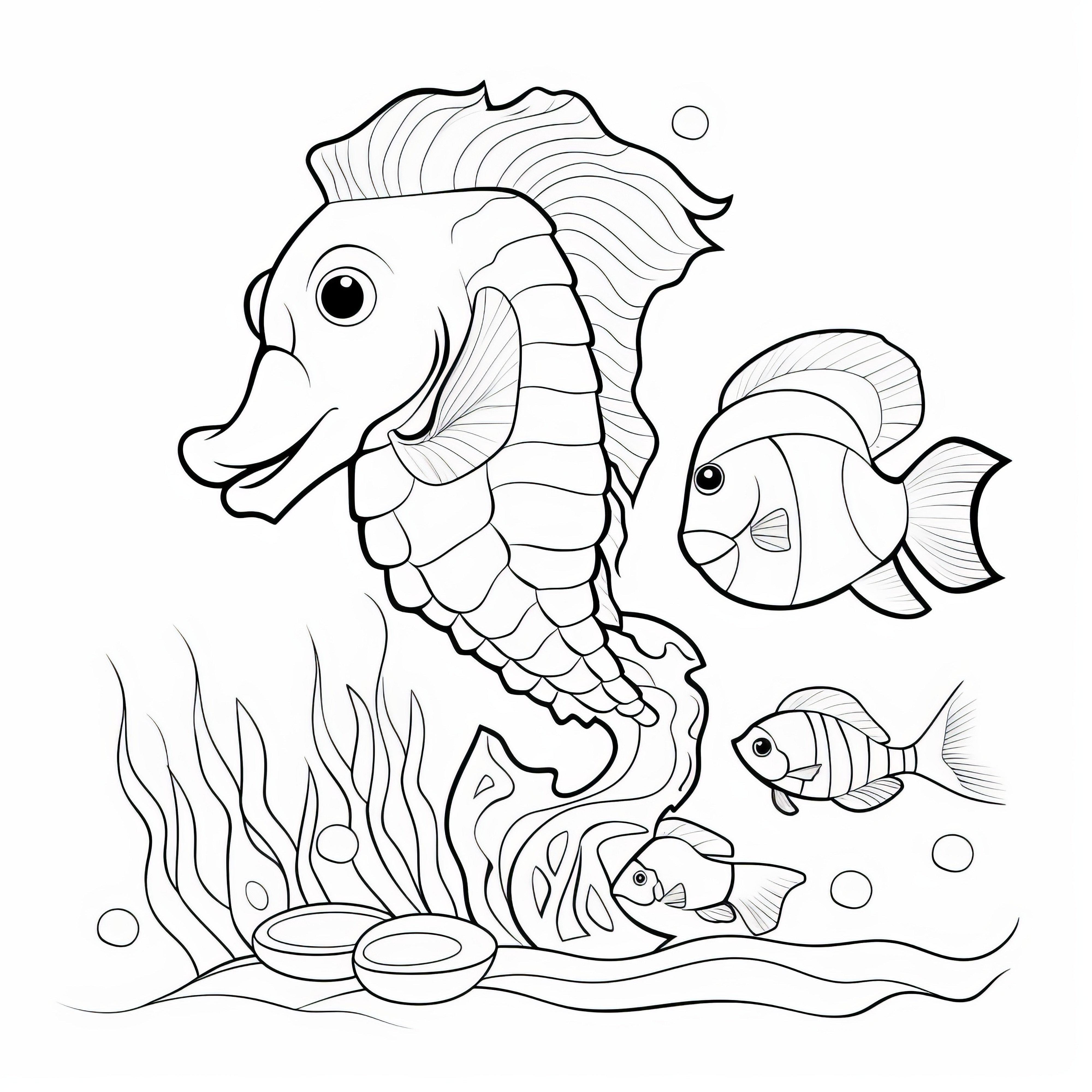 Caballitos de mar con amigos peces: dibujo para colorear para niños (Gratis)