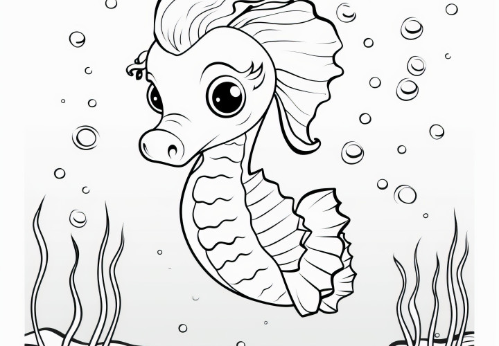 Adorable petit hippocampe sous l'eau au fond de la mer : Coloriage gratuit