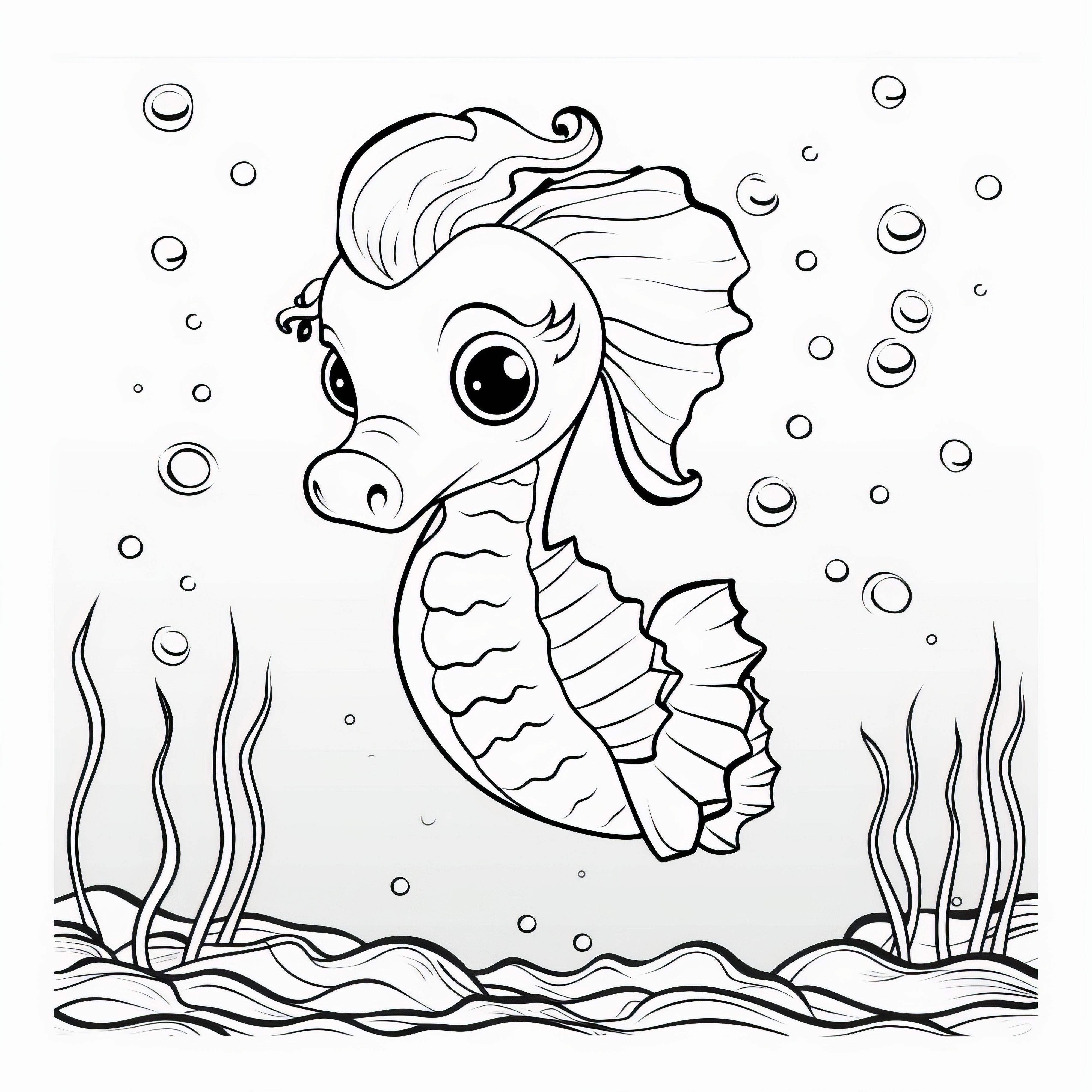 Adorable petit hippocampe sous l'eau au fond de la mer : coloriage gratuit