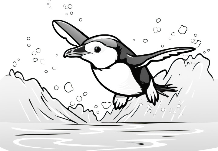 Pinguin volant en action : Image à colorier pour les enfants (Gratuit)