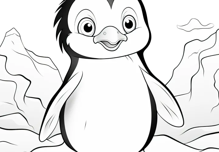 Pingouin effronté avec un regard malicieux dans un paysage de glace : coloriage gratuit