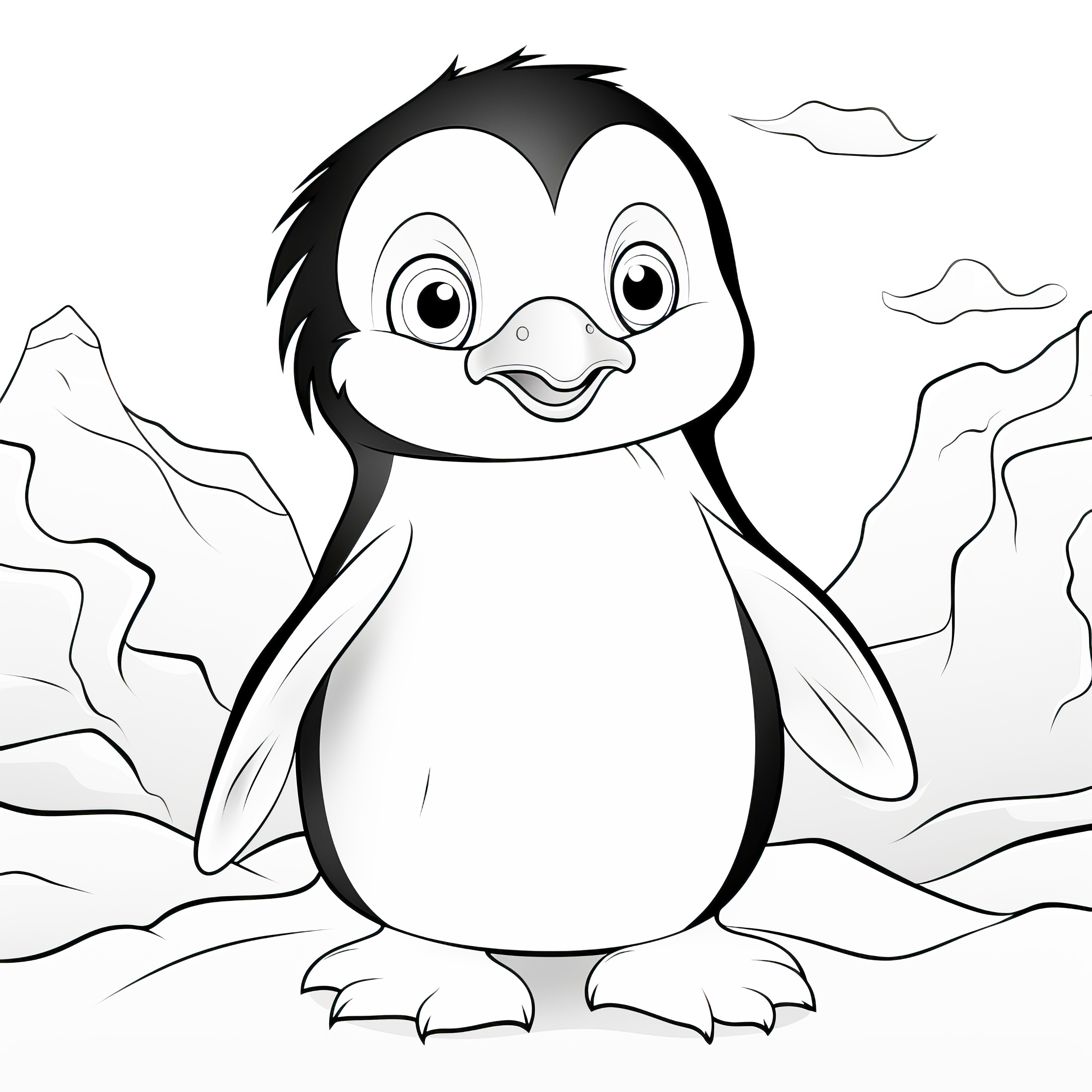 Pingouin impertinent avec un regard malicieux dans un paysage de glace : coloriage gratuit