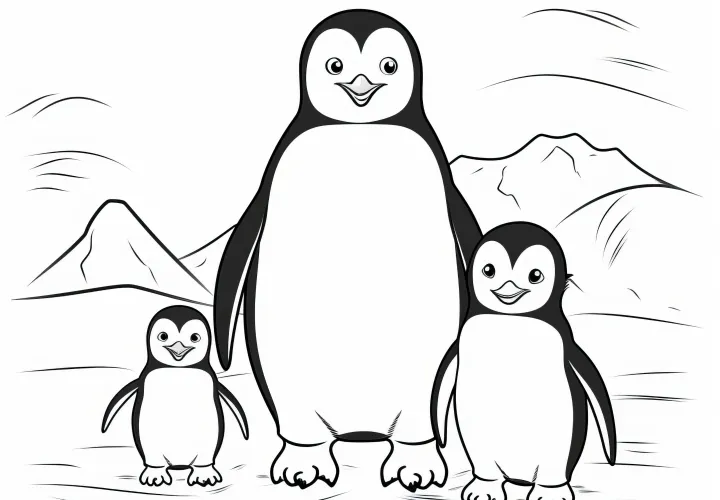 Adorable famille de pingouins dans la neige : coloriage gratuit à télécharger