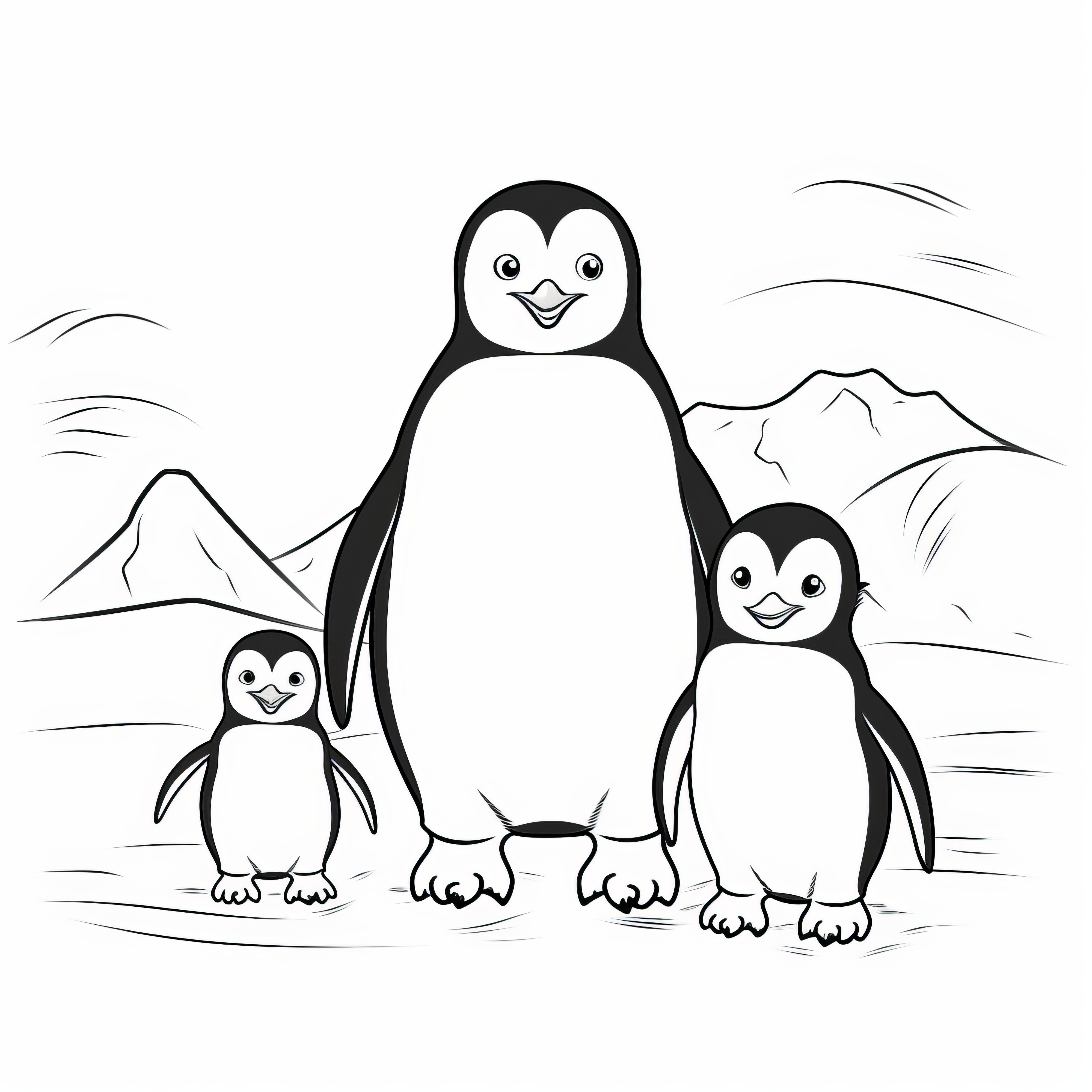 Nutidig pinguinfamilie i sneen: Malebog gratis til download