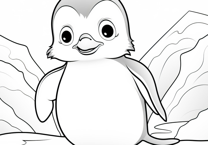 Adorable pingouin dans un paysage hivernal : coloriage gratuit à télécharger