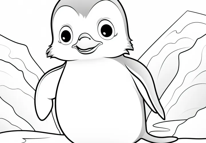 Adorable pingouin dans un paysage hivernal : coloriage gratuit à télécharger