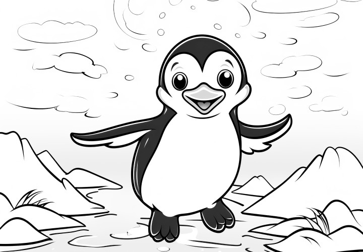 Pinguin joyeux dans un paysage aquatique : coloriage à télécharger (gratuit)