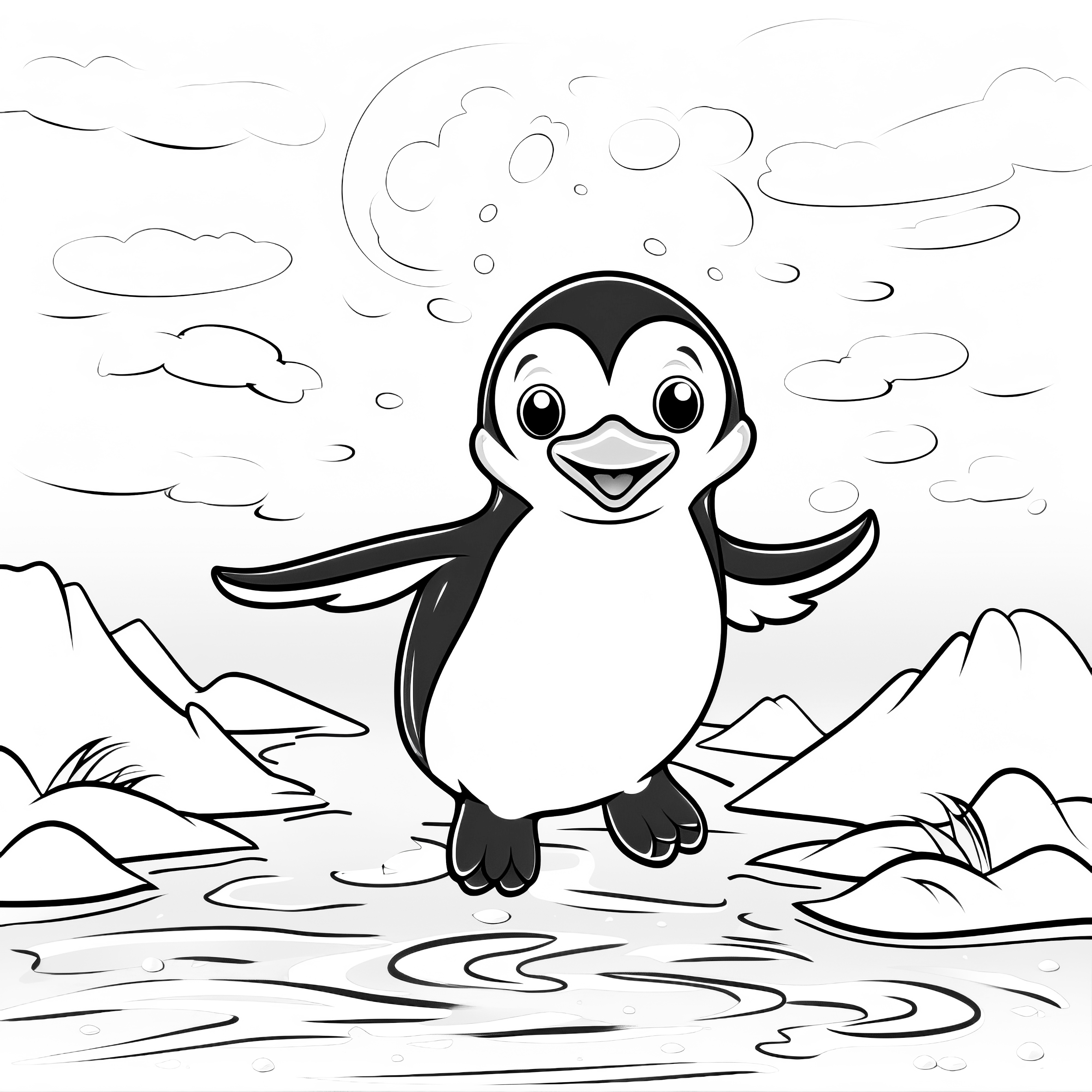 Pinguin joyeux dans un paysage aquatique : Coloriage à télécharger (Gratuit)