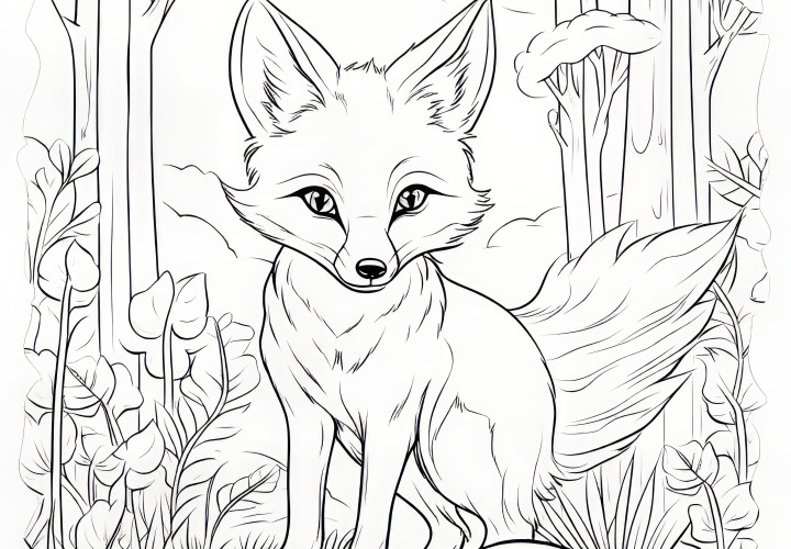 Renard rusé dans la forêt sur un rocher : coloriage à télécharger (gratuit)