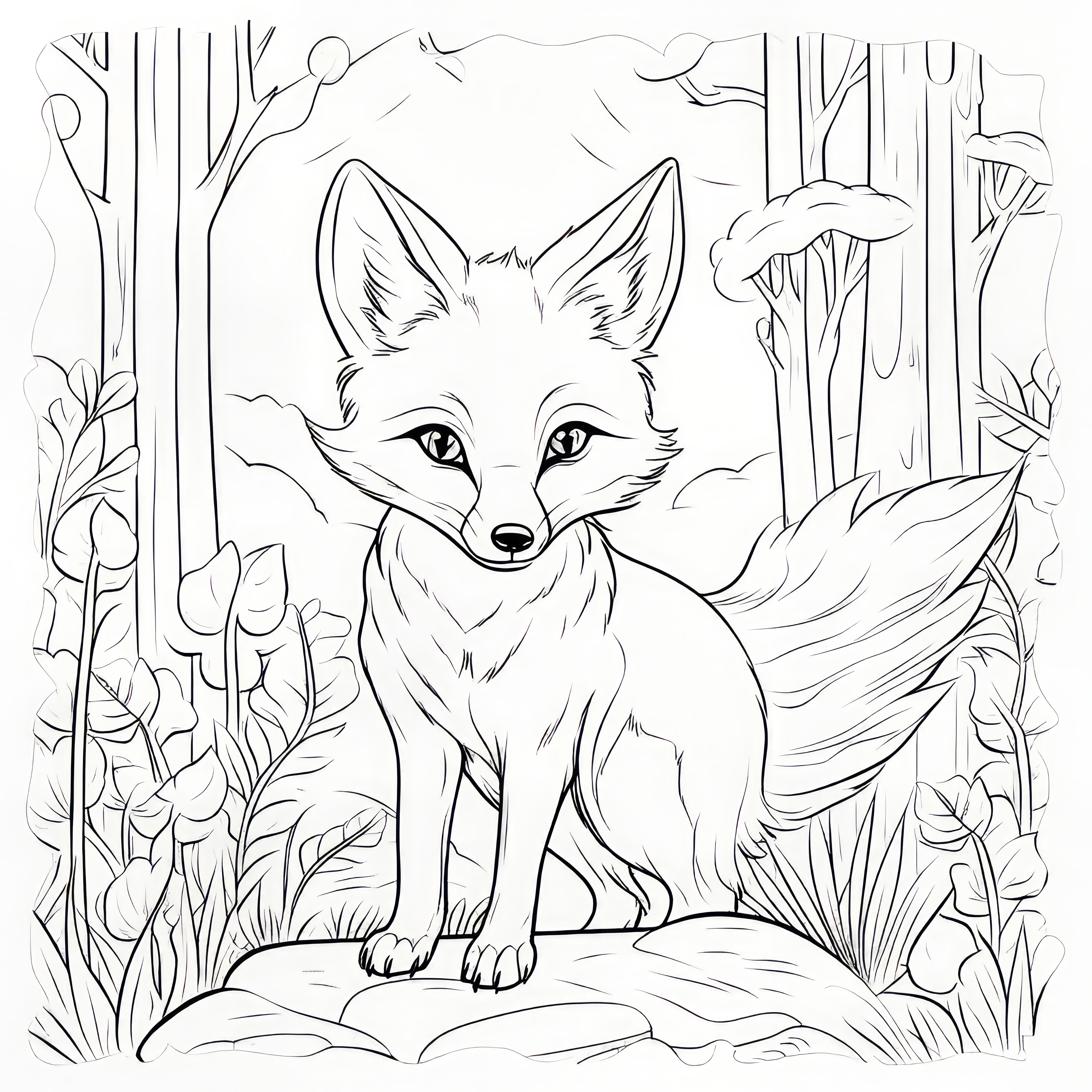 Renard rusé dans la forêt sur des rochers : Coloriage à télécharger (gratuit)