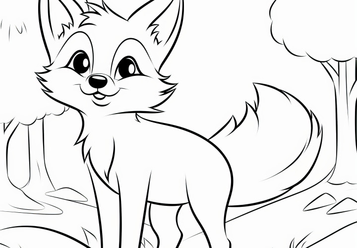 Petit renard dans la forêt à la découverte : Coloriage simple pour les enfants (Gratuit)