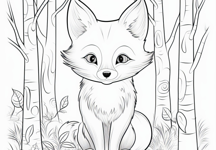 Petit renard assis dans la forêt : coloriage pour toi (Gratuit)