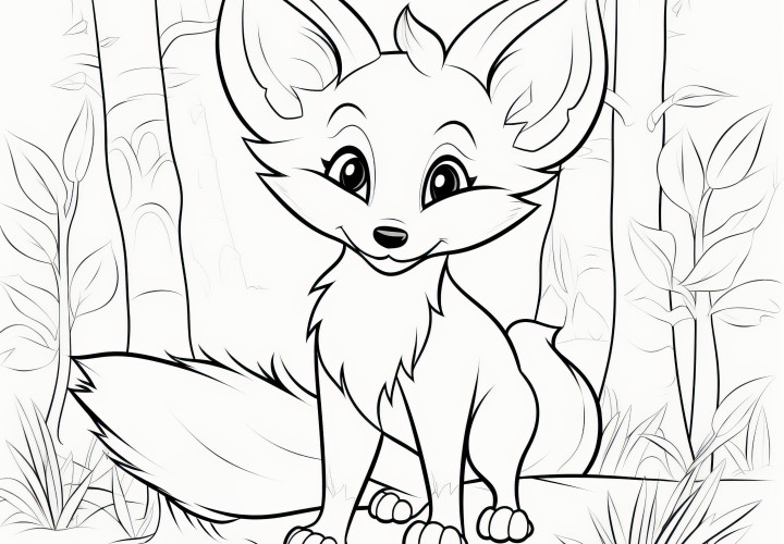 Mignon petit renard dans la forêt : Coloriage pour enfants (gratuit)