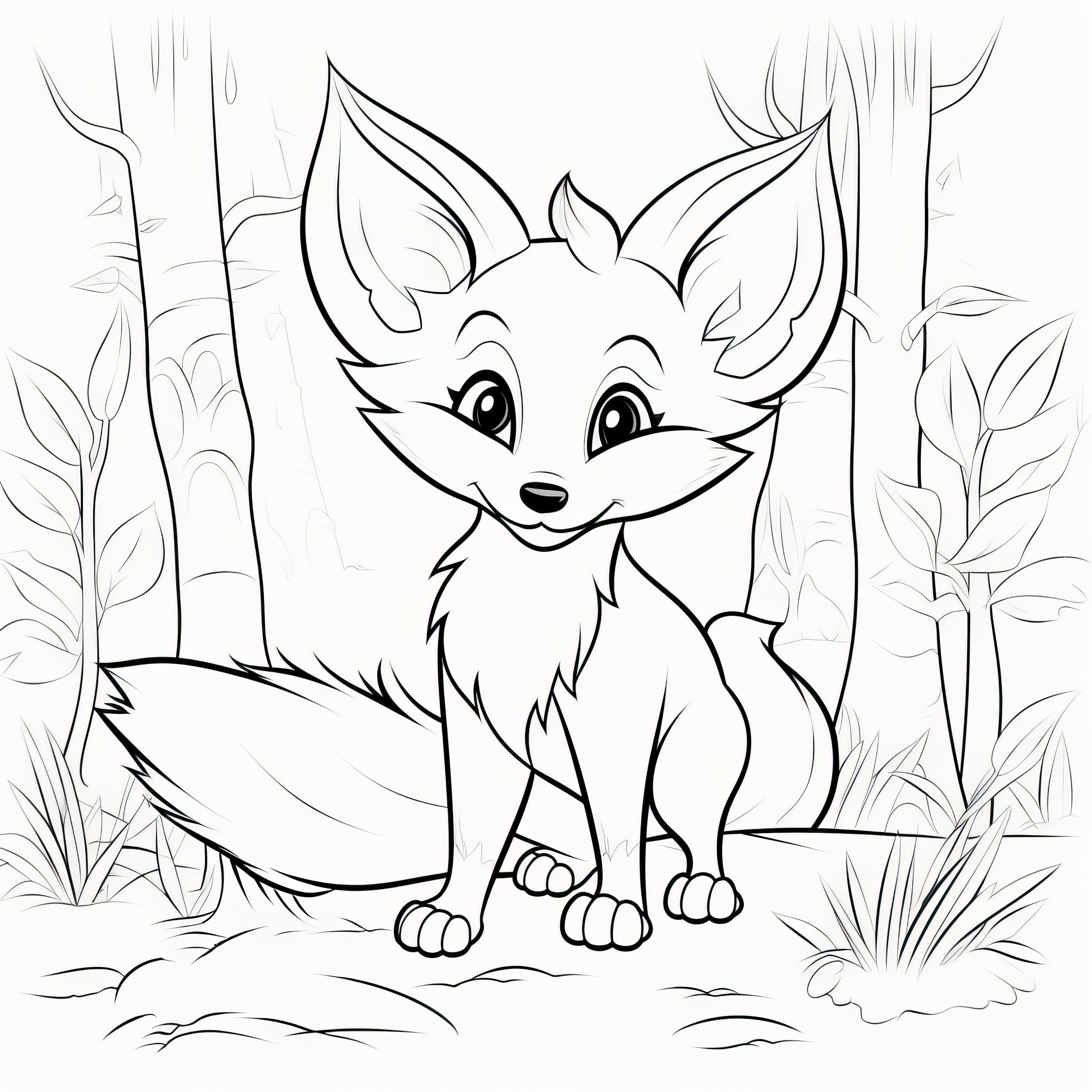 Mignon bébé renard dans la forêt : coloriage pour enfants (Gratuit)