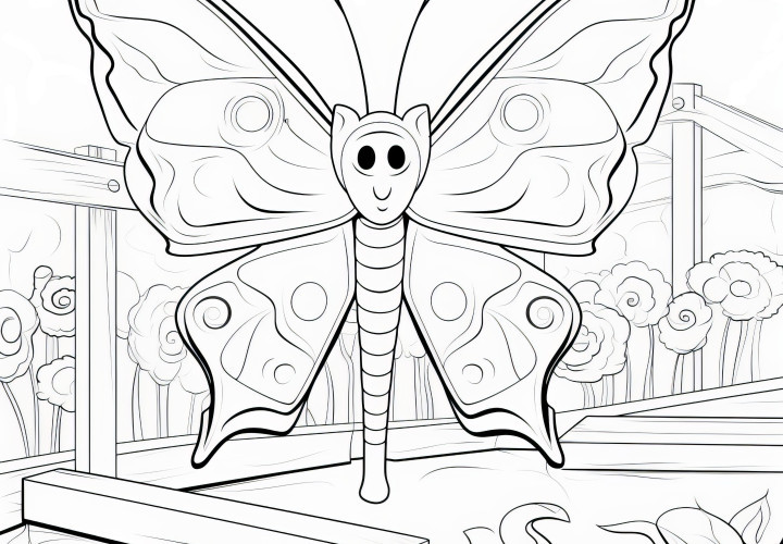 Papillon dans le jardin de fleurs : coloriage gratuit à télécharger