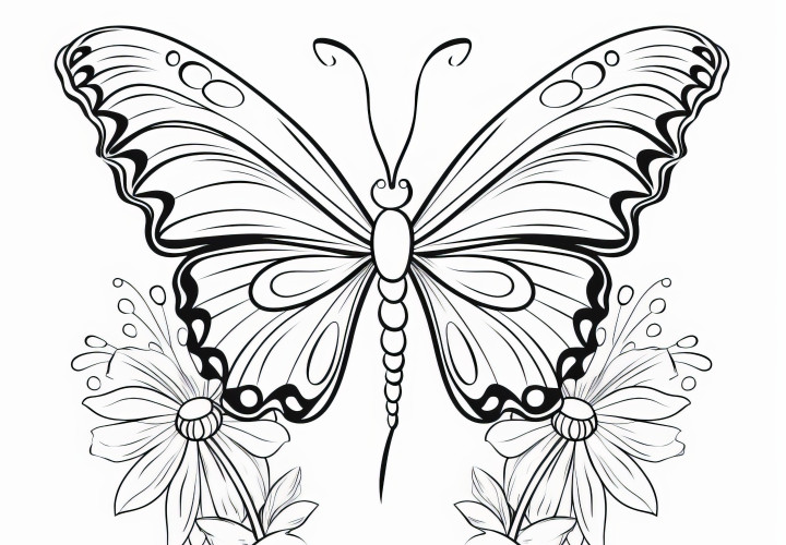 Papillon magnifique à colorier avec des fleurs (Gratuit)