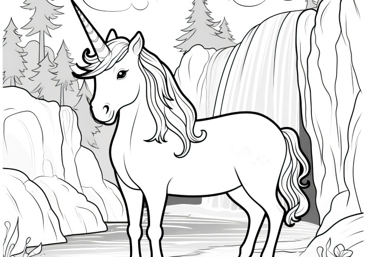 Licorne au lac de montagne devant la cascade : Coloriage gratuit à télécharger