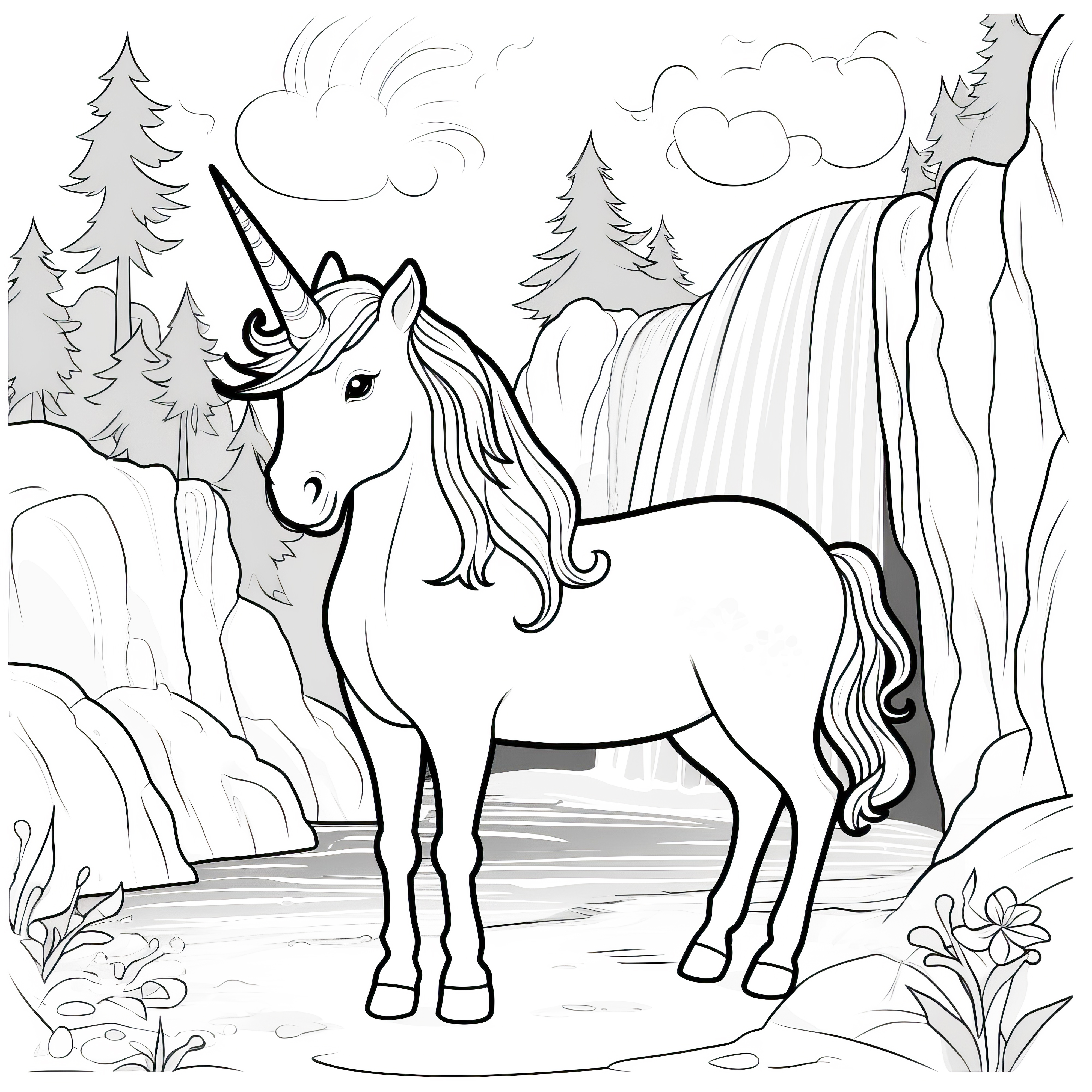 Licorne au lac de montagne devant la cascade : Image à colorier gratuite à télécharger