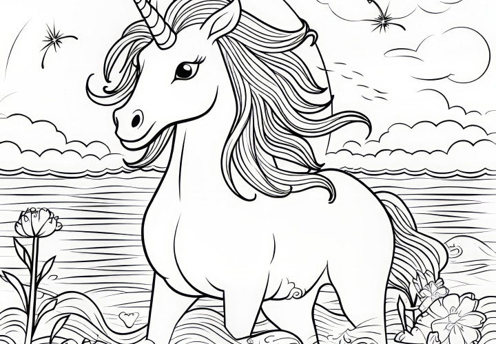 Licorne magique debout dans la mer : Image à colorier gratuite à télécharger