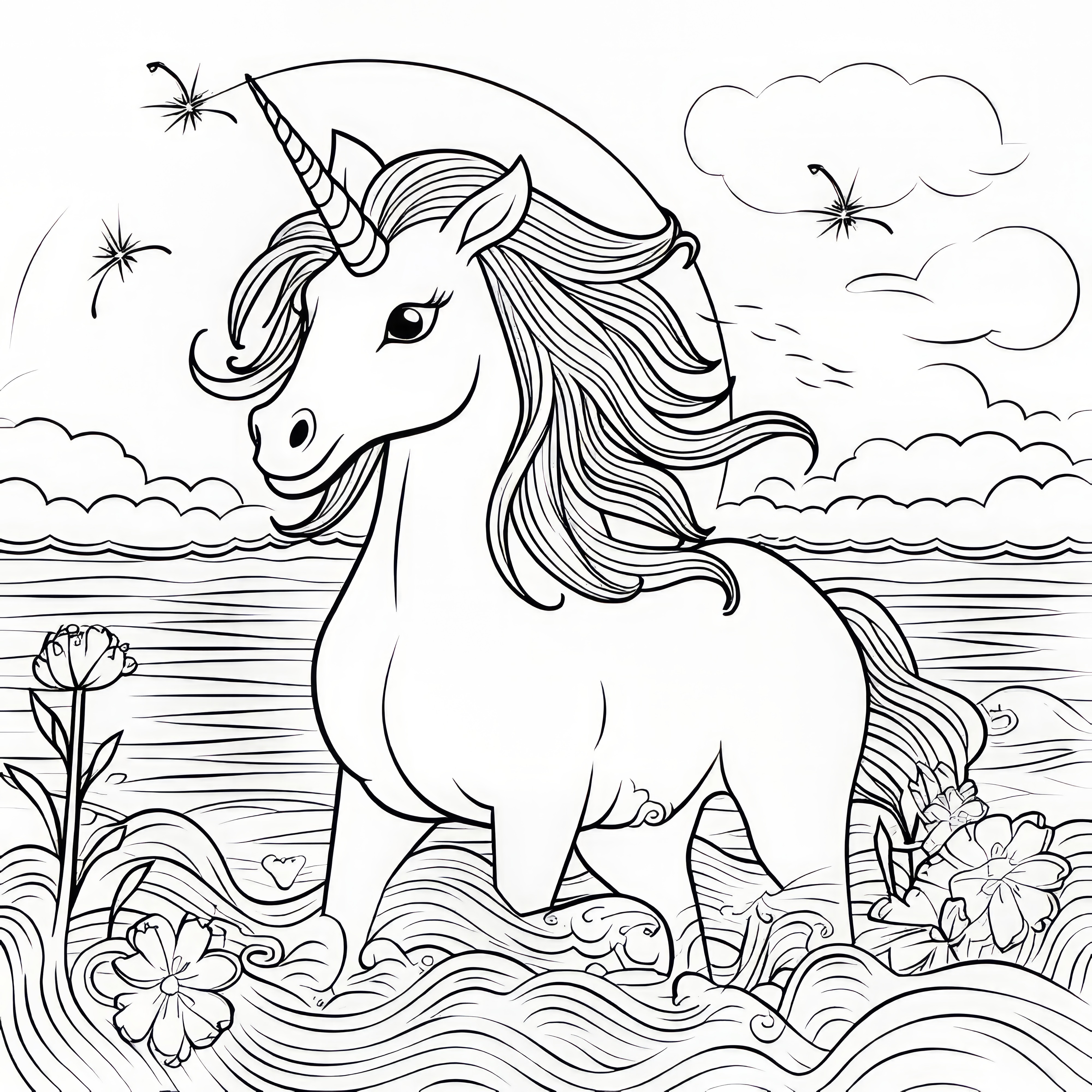 Licorne magique se tient dans la mer: Image à colorier gratuite à télécharger