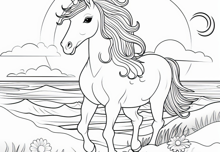 Licorne galopant au bord de la mer au coucher du soleil : coloriage gratuit