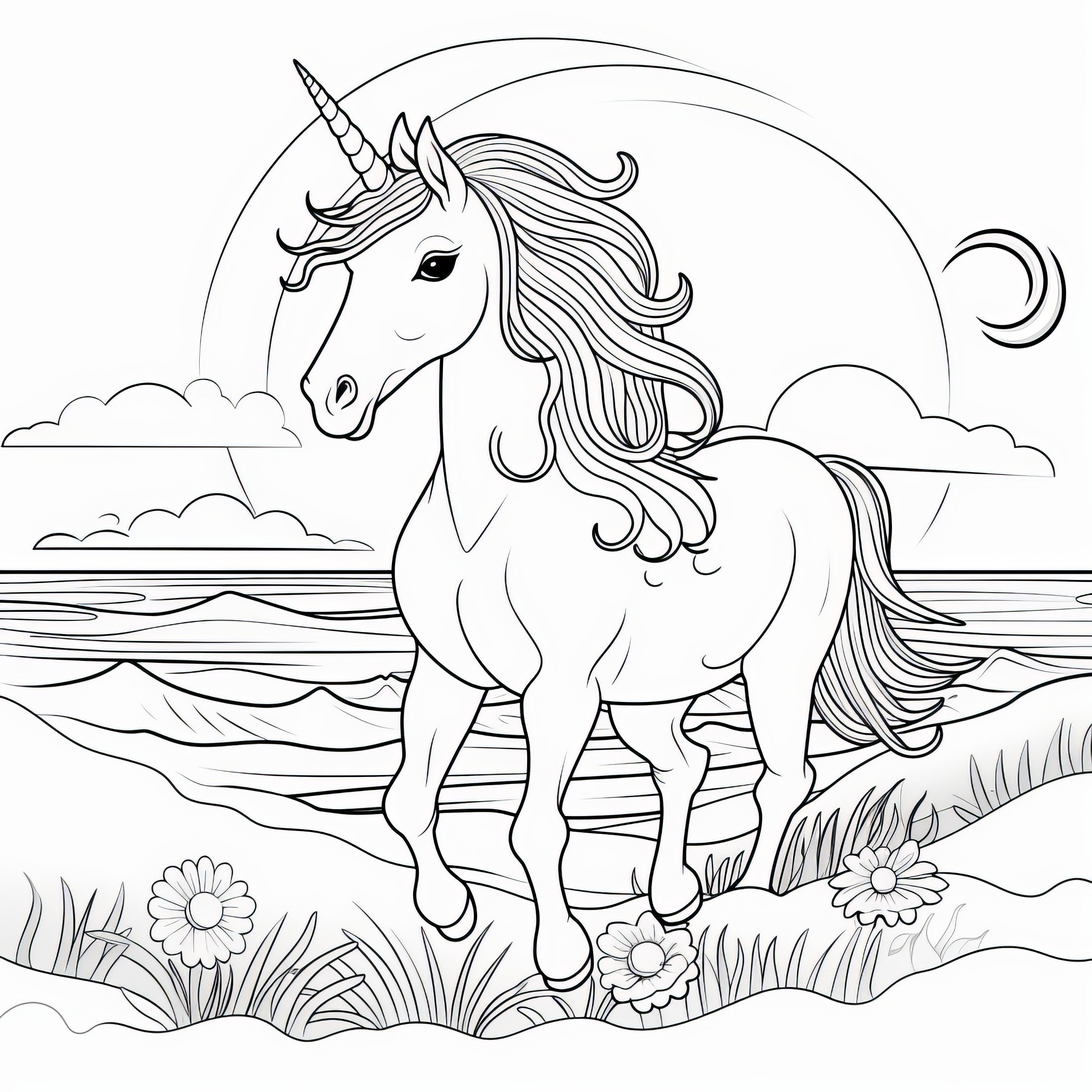 Licorne galopant au bord de la mer au coucher du soleil : coloriage gratuit