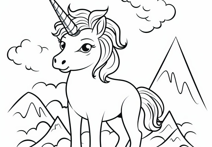 Mini unicorn frente a un paisaje de montañas: imagen para colorear gratuita para niños