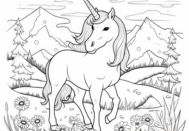 Orgulloso unicornio en un paisaje de montaña: Imagen para colorear gratis