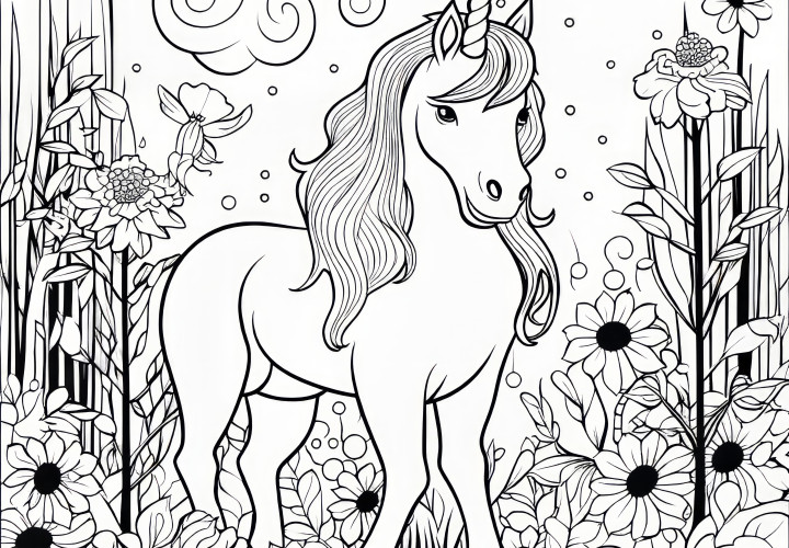 Licorne dans un champ de fleurs coloré : Coloriage gratuit à télécharger