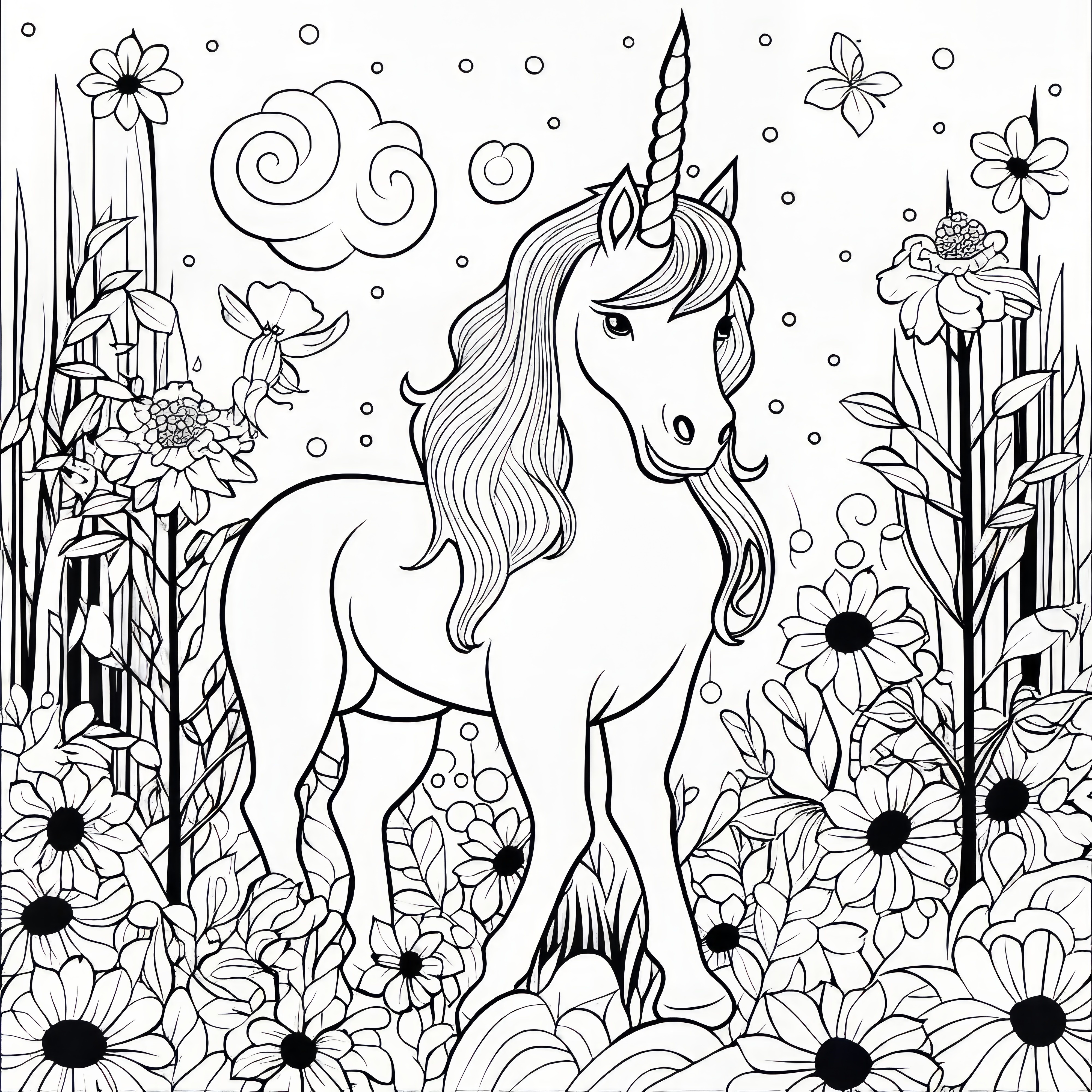 Licorne dans un champ de fleurs coloré : Coloriage gratuit à télécharger