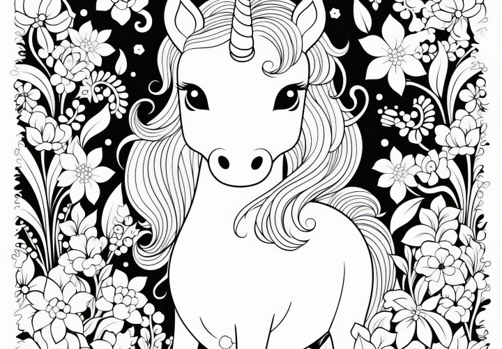 Unicorn encantador en un marco de flores: imagen para colorear (Gratis)