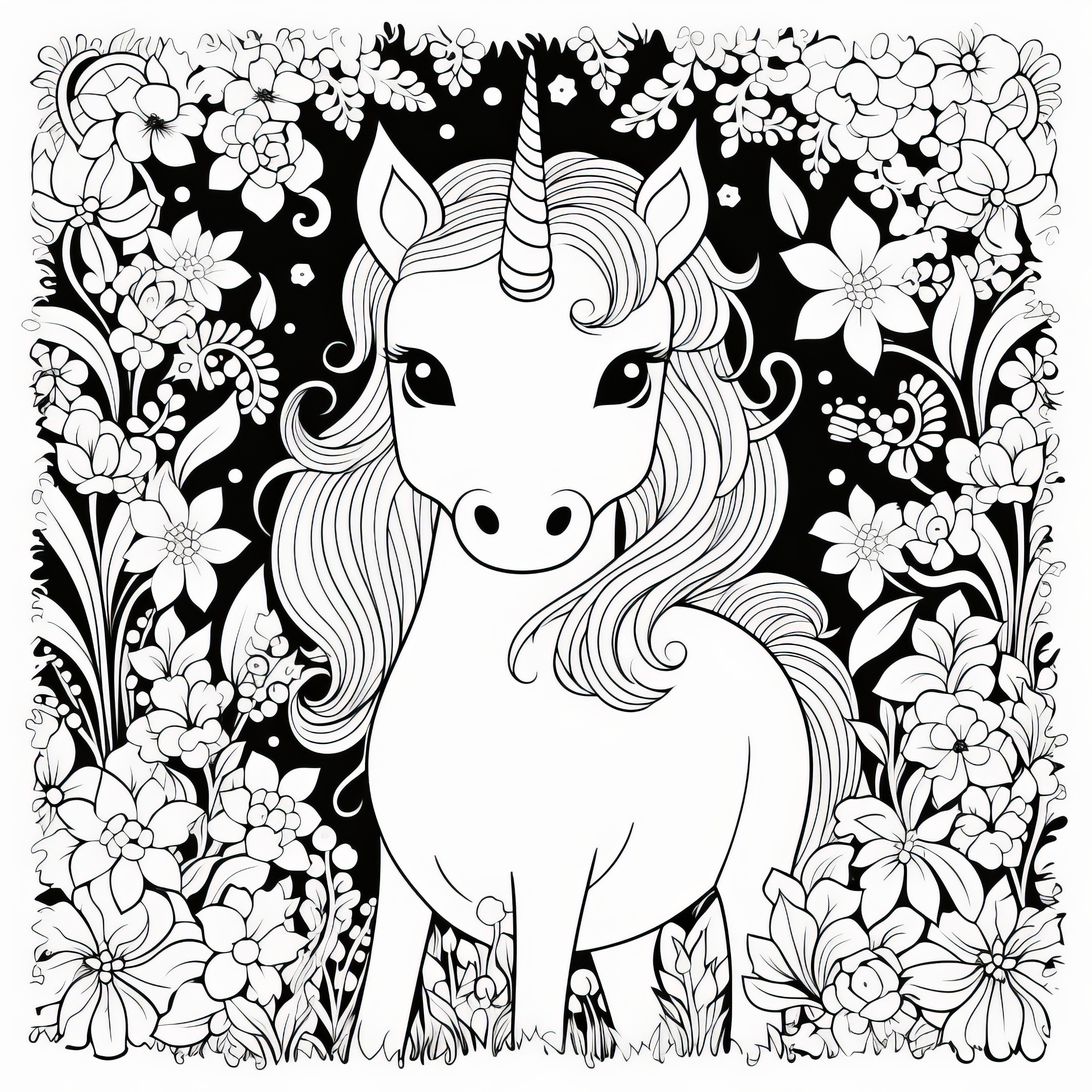 Unicornio encantador en un marco de flores: imagen para colorear (Gratis)