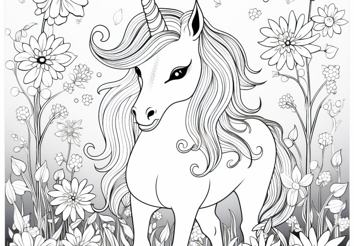 Licorne imaginative sur un champ de fleurs vivant : Image à colorier (Gratuit)