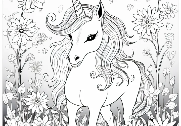 Um unicórnio imaginativo num alegre prado de flores: Desenho para colorir (gratuito)