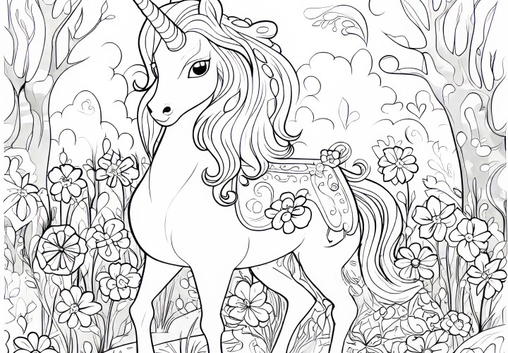 Fiére licorne dans un champ de fleurs colorées avec des arbres majestueux (image à colorier gratuite)