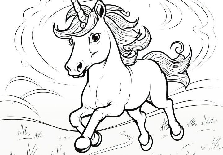 Licorne sauvage galope débridée à travers le paysage (coloriage gratuit)