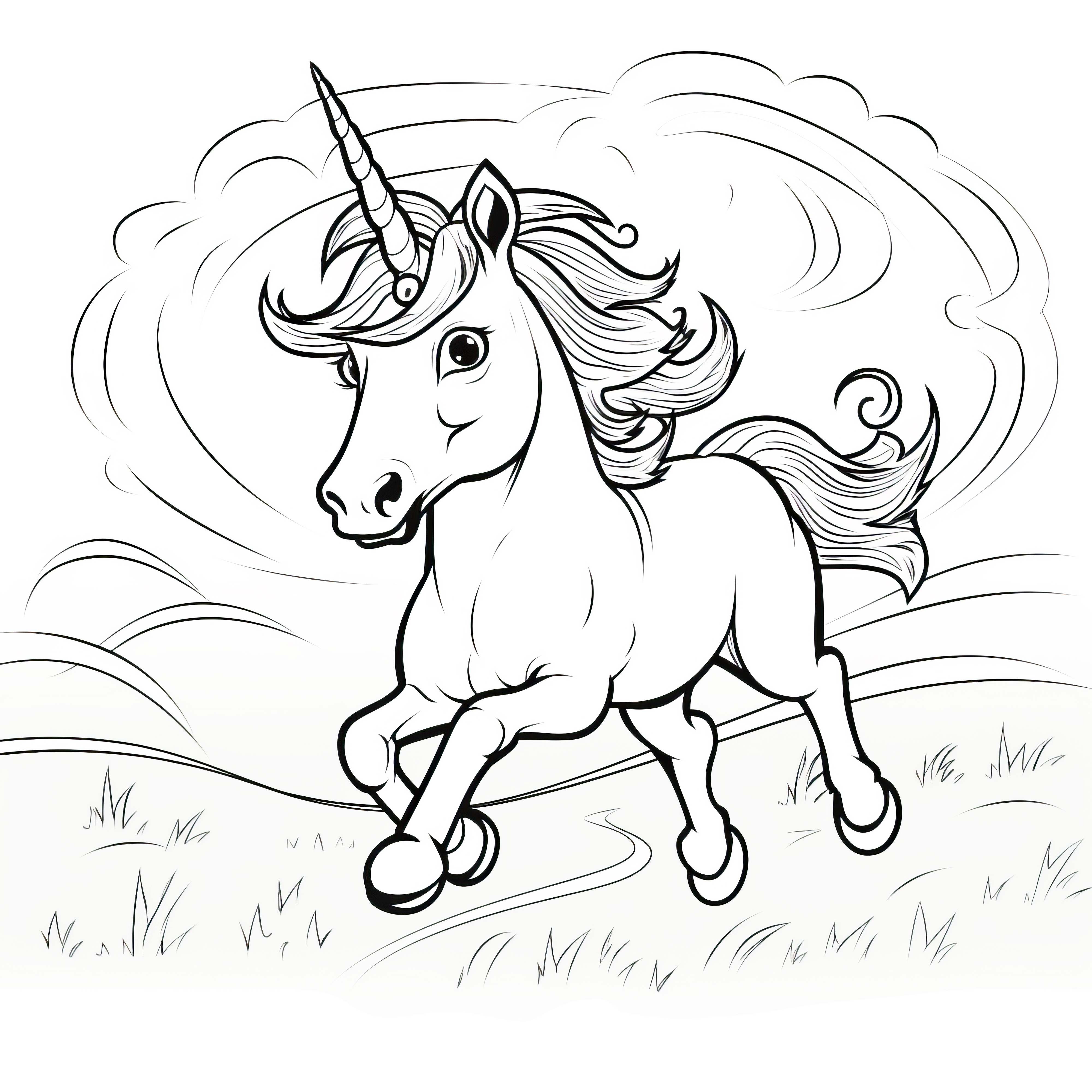 Licorne galopant à travers le paysage : coloriage