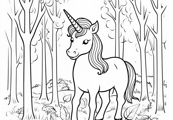 Unicorn lindo en bosque de otoño con hojas de colores: imagen para descargar (Gratis)