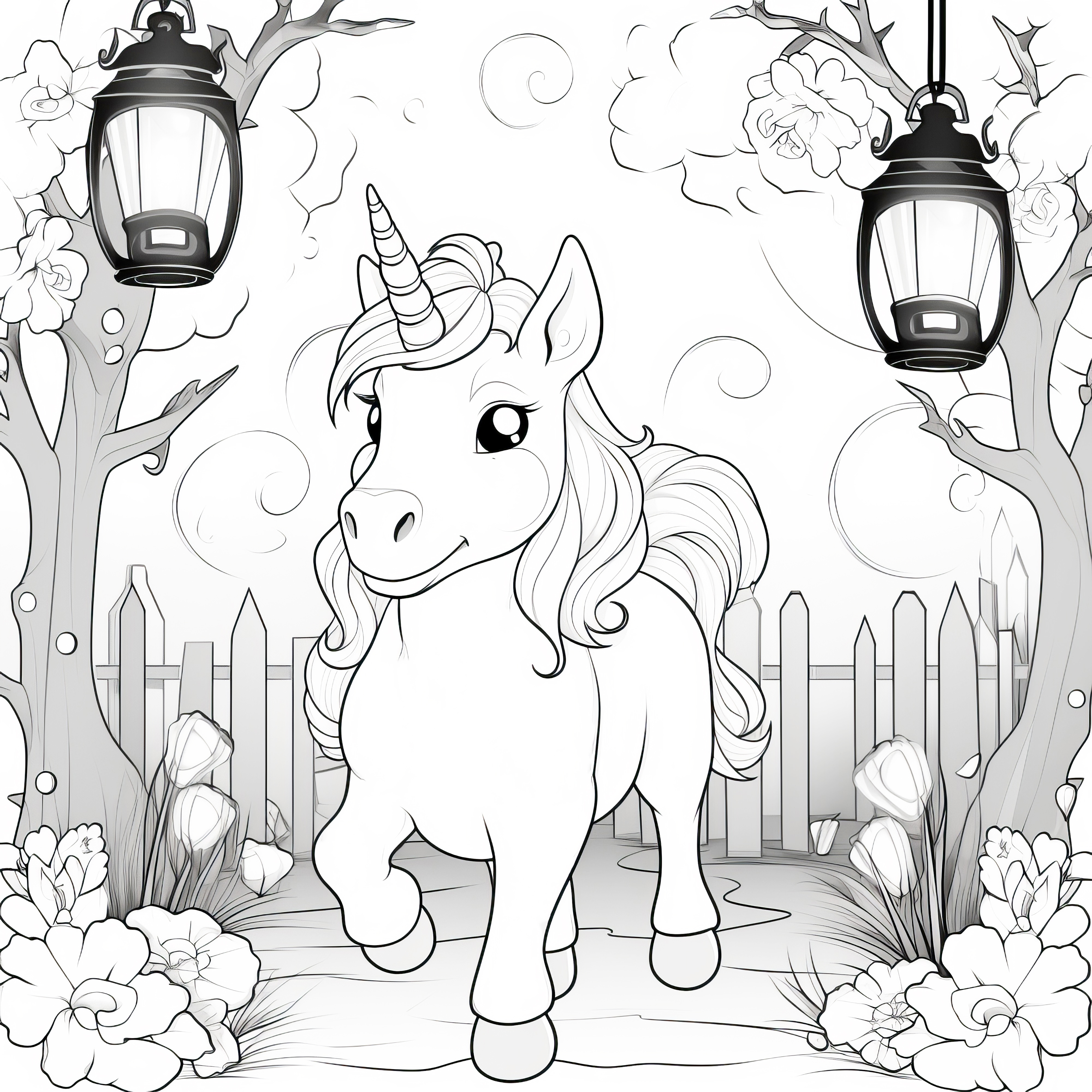 Licorne dans le jardin avec des lanternes et des fleurs : image à télécharger (gratuite)