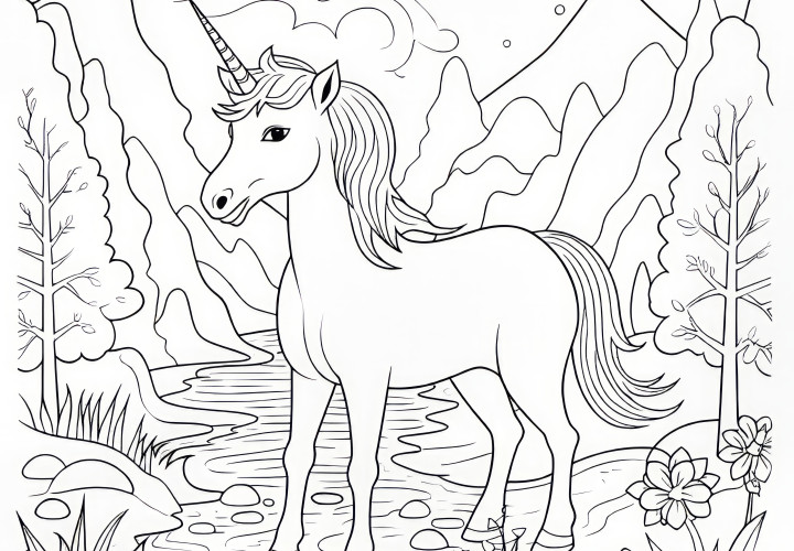 Licorne mignonne dans les montagnes au torrent de montagne : Coloriage à télécharger (Gratuit)