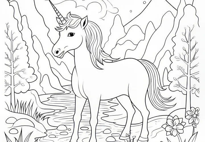 Um unicórnio giro nas montanhas junto a um riacho: imagem para colorir para descarregar (gratuito)