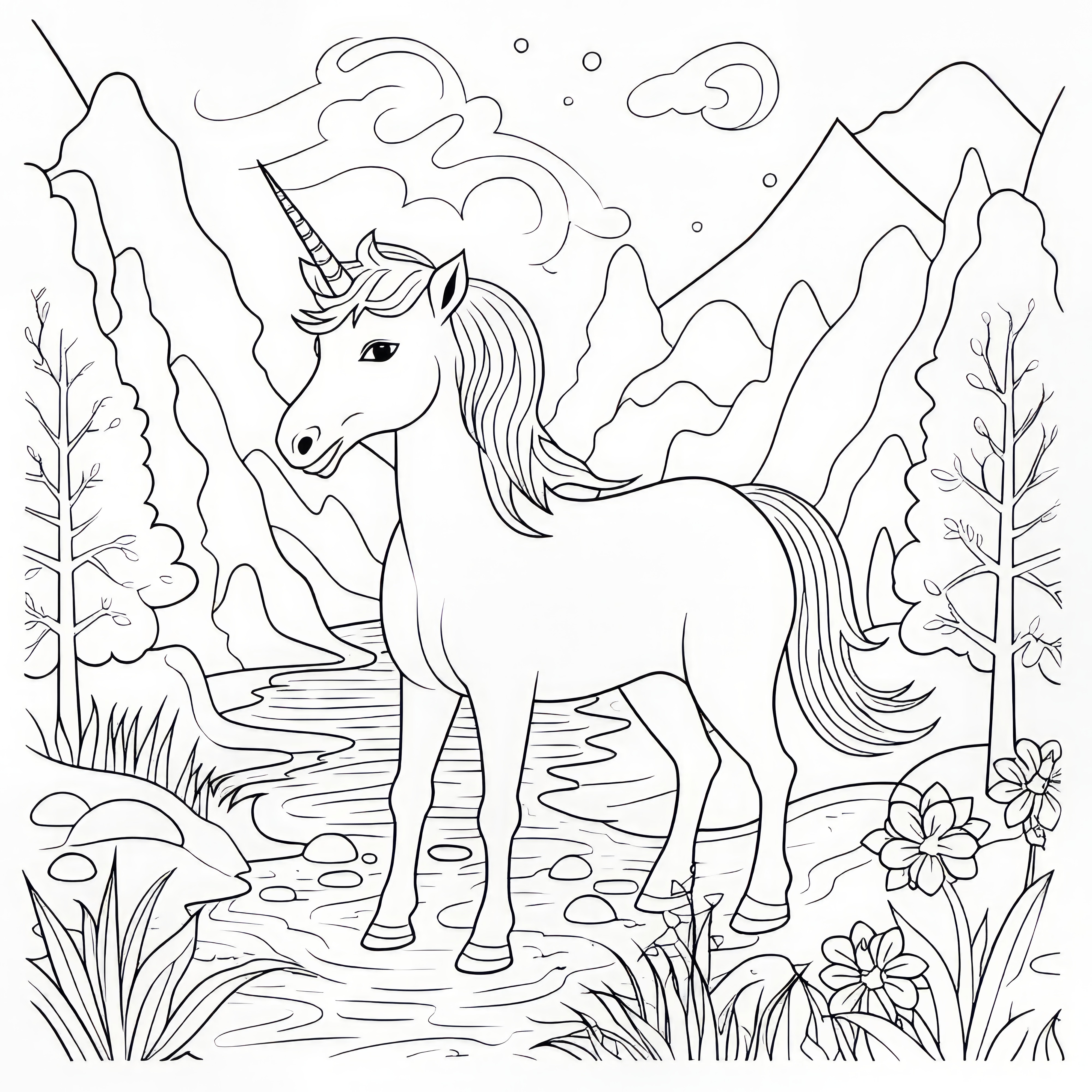 Licorne mignonne dans les montagnes au ruisseau de montagne : Coloriage à télécharger (Gratuit)