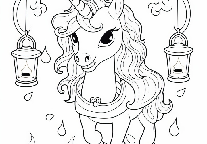 Licorne bondissante avec une crinière magnifique et des lampes bougie (coloriage gratuit)