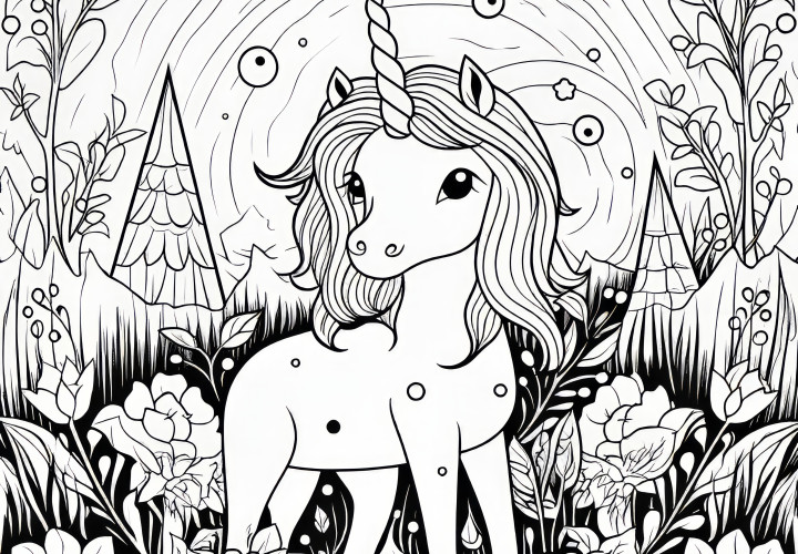 Joli licorne dans la forêt enchantée : image à colorier (gratuit)