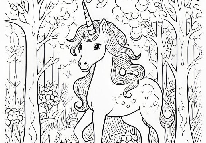 Licorne à la crinière scintillante dans la forêt enchantée : image à colorier (gratuit)