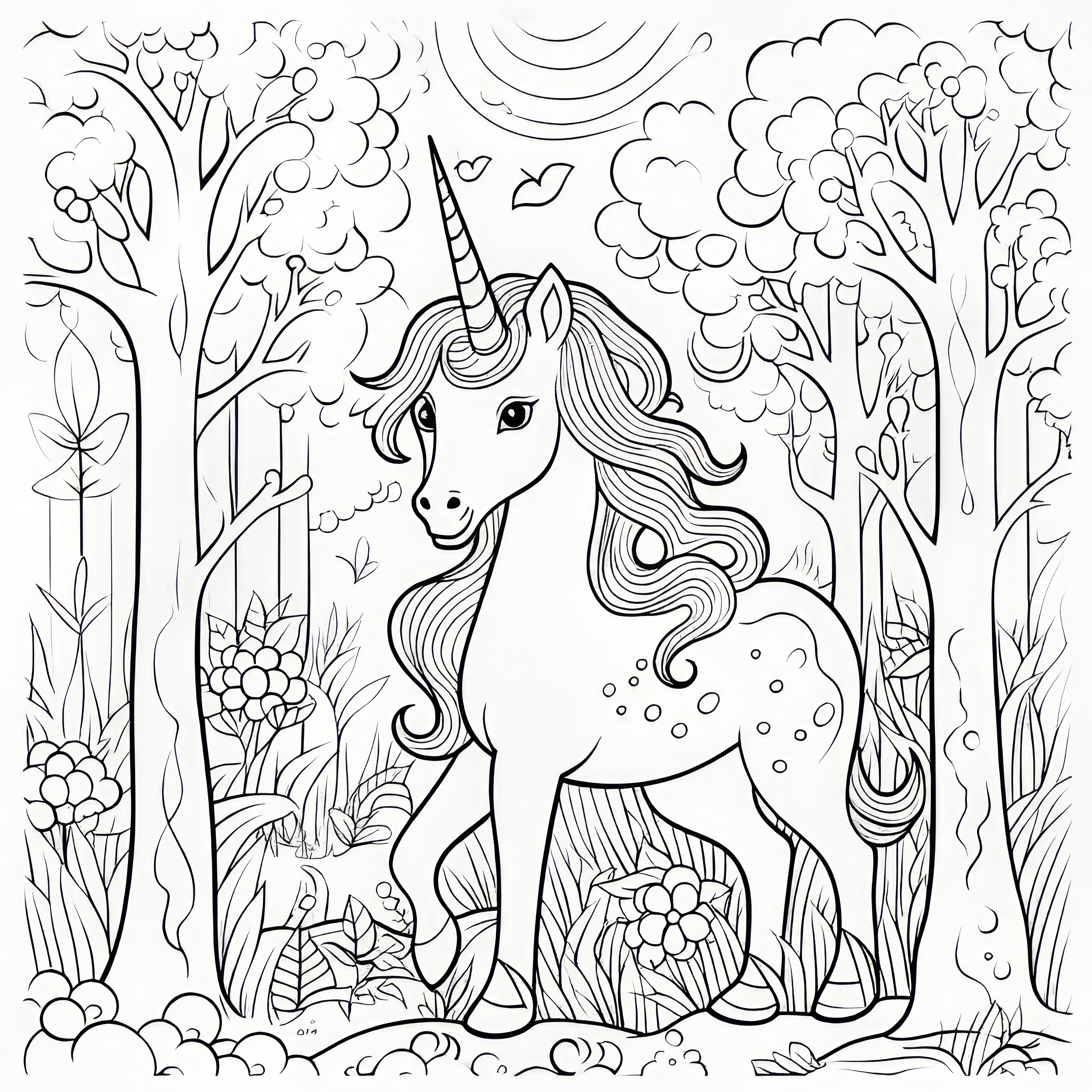 Licorne avec une crinière scintillante dans la forêt enchantée : image à colorier (gratuitement)